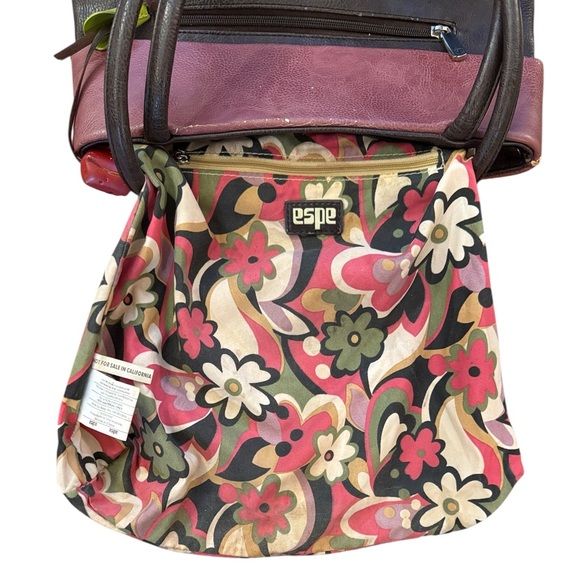 ESPE Vegan Leather Tiered Boho Shoulder Tote Bag Flower Charm Brown/Pink Retro - Picture 13 of 16